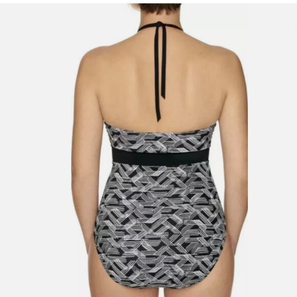 Time & Tru Women's Halter One Piece Swimsuit Abstract Black Print Size 1X - Picture 4 of 6